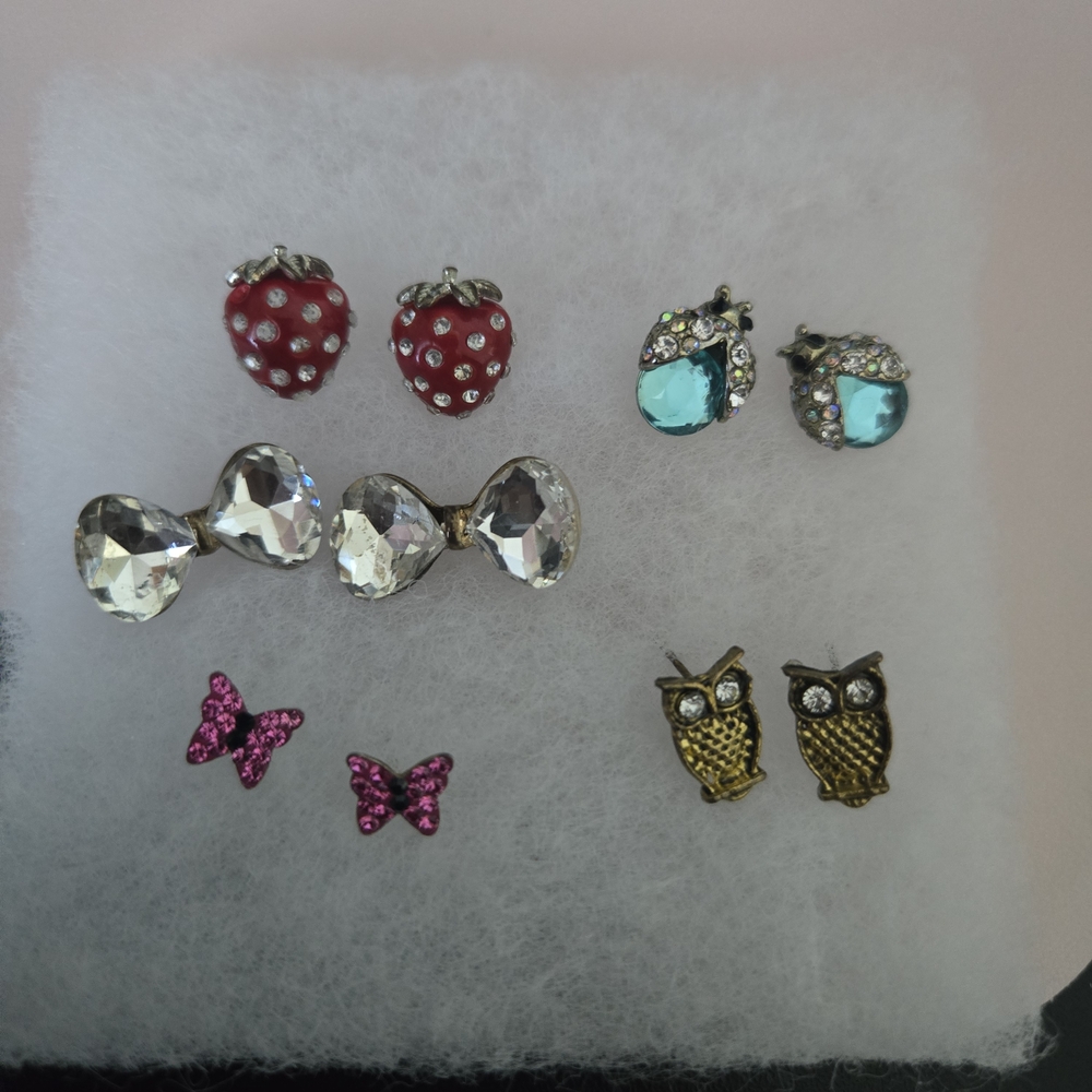Set Of 5 Colorful Stud Earring Set For Girls - Red, Turquoise, Clear, Pink, Gold